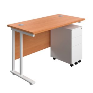 Twin Upright Rectangular Desk + Slimline Steel Pedestal 3 Drawers