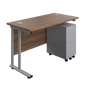 Twin Upright Rectangular Desk + Slimline Steel Pedestal 3 Drawers