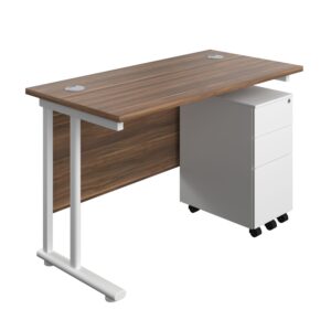 Twin Upright Rectangular Desk + Slimline Steel Pedestal 3 Drawers