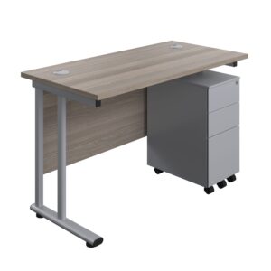 Twin Upright Rectangular Desk + Slimline Steel Pedestal 3 Drawers