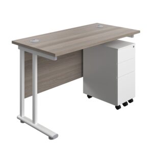 Twin Upright Rectangular Desk + Slimline Steel Pedestal 3 Drawers