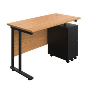 Twin Upright Rectangular Desk + Slimline Steel Pedestal 3 Drawers