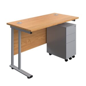Twin Upright Rectangular Desk + Slimline Steel Pedestal 3 Drawers