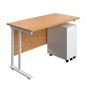 Twin Upright Rectangular Desk + Slimline Steel Pedestal 3 Drawers