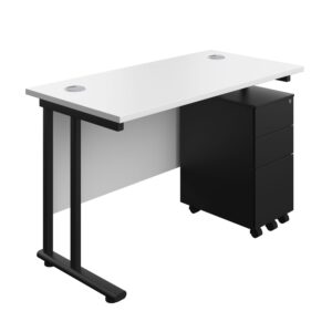 Twin Upright Rectangular Desk + Slimline Steel Pedestal 3 Drawers