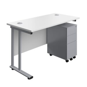 Twin Upright Rectangular Desk + Slimline Steel Pedestal 3 Drawers
