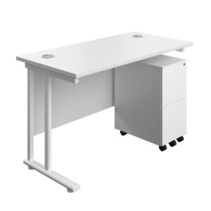 Twin Upright Rectangular Desk + Slimline Steel Pedestal 3 Drawers