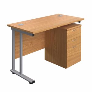 Twin Upright Rectangular Desk + High Mobile Pedestal 3 Drawer