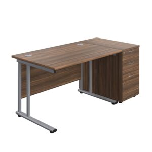 Twin Upright Rectangular Desk + Desk High 3 Drawer Pedestal