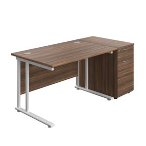 Twin Upright Rectangular Desk + Desk High 3 Drawer Pedestal