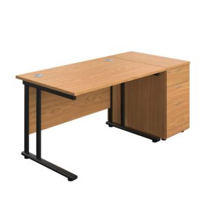 Twin Upright Rectangular Desk + Desk High 3 Drawer Pedestal