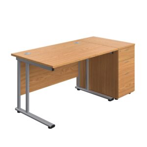 Twin Upright Rectangular Desk + Desk High 3 Drawer Pedestal