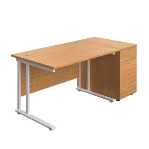 Twin Upright Rectangular Desk + Desk High 3 Drawer Pedestal