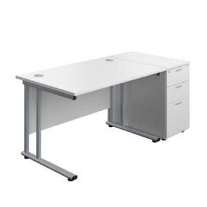 Twin Upright Rectangular Desk + Desk High 3 Drawer Pedestal