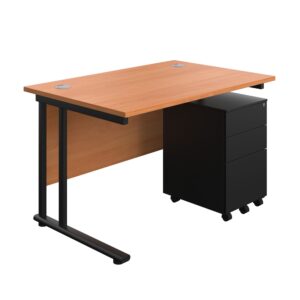 Twin Upright Rectangular Desk + Under Desk Steel Pedestal 3 Drawers