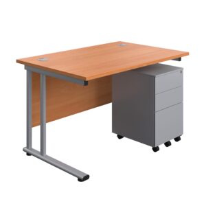 Twin Upright Rectangular Desk + Under Desk Steel Pedestal 3 Drawers