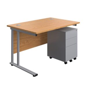 Twin Upright Rectangular Desk + Under Desk Steel Pedestal 3 Drawers
