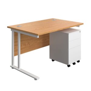 Twin Upright Rectangular Desk + Under Desk Steel Pedestal 3 Drawers