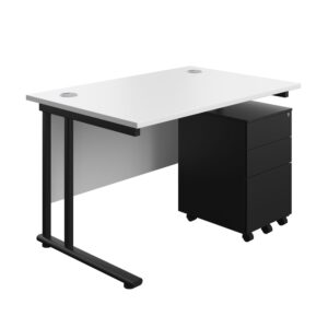 Twin Upright Rectangular Desk + Under Desk Steel Pedestal 3 Drawers