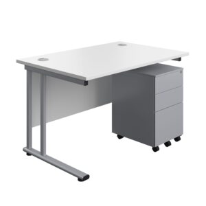 Twin Upright Rectangular Desk + Under Desk Steel Pedestal 3 Drawers