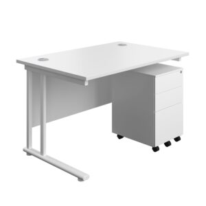 Twin Upright Rectangular Desk + Under Desk Steel Pedestal 3 Drawers