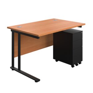Twin Upright Rectangular Desk + Slimline Steel Pedestal 3 Drawers