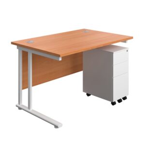 Twin Upright Rectangular Desk + Slimline Steel Pedestal 3 Drawers