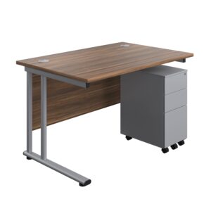 Twin Upright Rectangular Desk + Slimline Steel Pedestal 3 Drawers