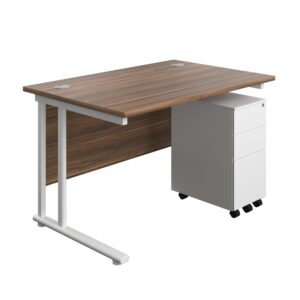 Twin Upright Rectangular Desk + Slimline Steel Pedestal 3 Drawers
