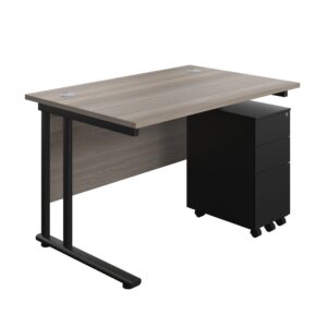 Twin Upright Rectangular Desk + Slimline Steel Pedestal 3 Drawers