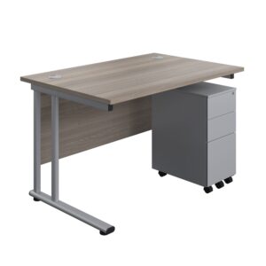 Twin Upright Rectangular Desk + Slimline Steel Pedestal 3 Drawers
