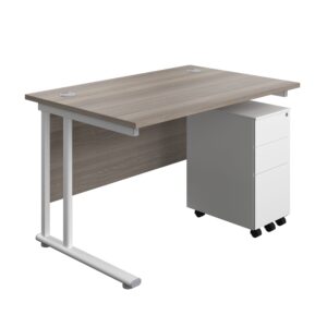 Twin Upright Rectangular Desk + Slimline Steel Pedestal 3 Drawers
