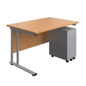 Twin Upright Rectangular Desk + Slimline Steel Pedestal 3 Drawers