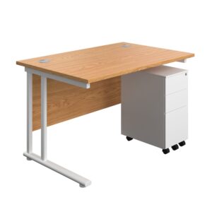 Twin Upright Rectangular Desk + Slimline Steel Pedestal 3 Drawers