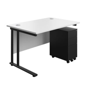 Twin Upright Rectangular Desk + Slimline Steel Pedestal 3 Drawers