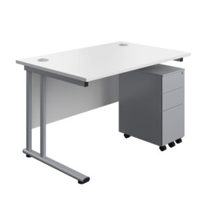 Twin Upright Rectangular Desk + Slimline Steel Pedestal 3 Drawers