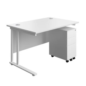 Twin Upright Rectangular Desk + Slimline Steel Pedestal 3 Drawers