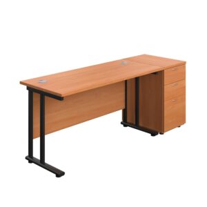 Twin Upright Rectangular Desk + Desk High 3 Drawer Pedestal