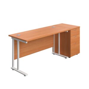 Twin Upright Rectangular Desk + Desk High 3 Drawer Pedestal