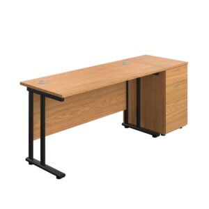 Twin Upright Rectangular Desk + Desk High 3 Drawer Pedestal