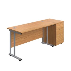Twin Upright Rectangular Desk + Desk High 3 Drawer Pedestal