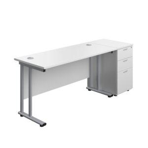 Twin Upright Rectangular Desk + Desk High 3 Drawer Pedestal