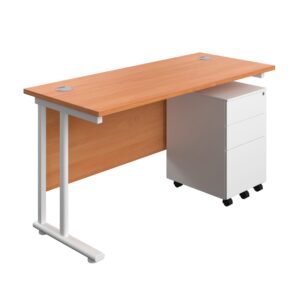 Twin Upright Rectangular Desk + Under Desk Steel Pedestal 3 Drawers