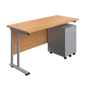 Twin Upright Rectangular Desk + Under Desk Steel Pedestal 3 Drawers