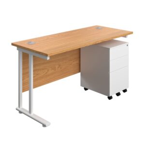 Twin Upright Rectangular Desk + Under Desk Steel Pedestal 3 Drawers