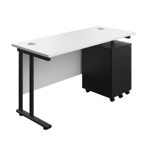 Twin Upright Rectangular Desk + Under Desk Steel Pedestal 3 Drawers