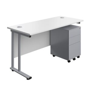 Twin Upright Rectangular Desk + Under Desk Steel Pedestal 3 Drawers