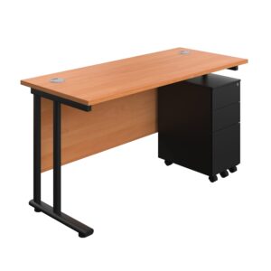 Twin Upright Rectangular Desk + Slimline Steel Pedestal 3 Drawers