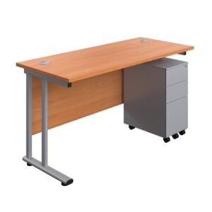 Twin Upright Rectangular Desk + Slimline Steel Pedestal 3 Drawers