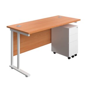 Twin Upright Rectangular Desk + Slimline Steel Pedestal 3 Drawers